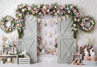 Kate Easter Bunny Flower Arch Pastel Barn Doors Printed Backdrop Designed by Mini MakeBelieve