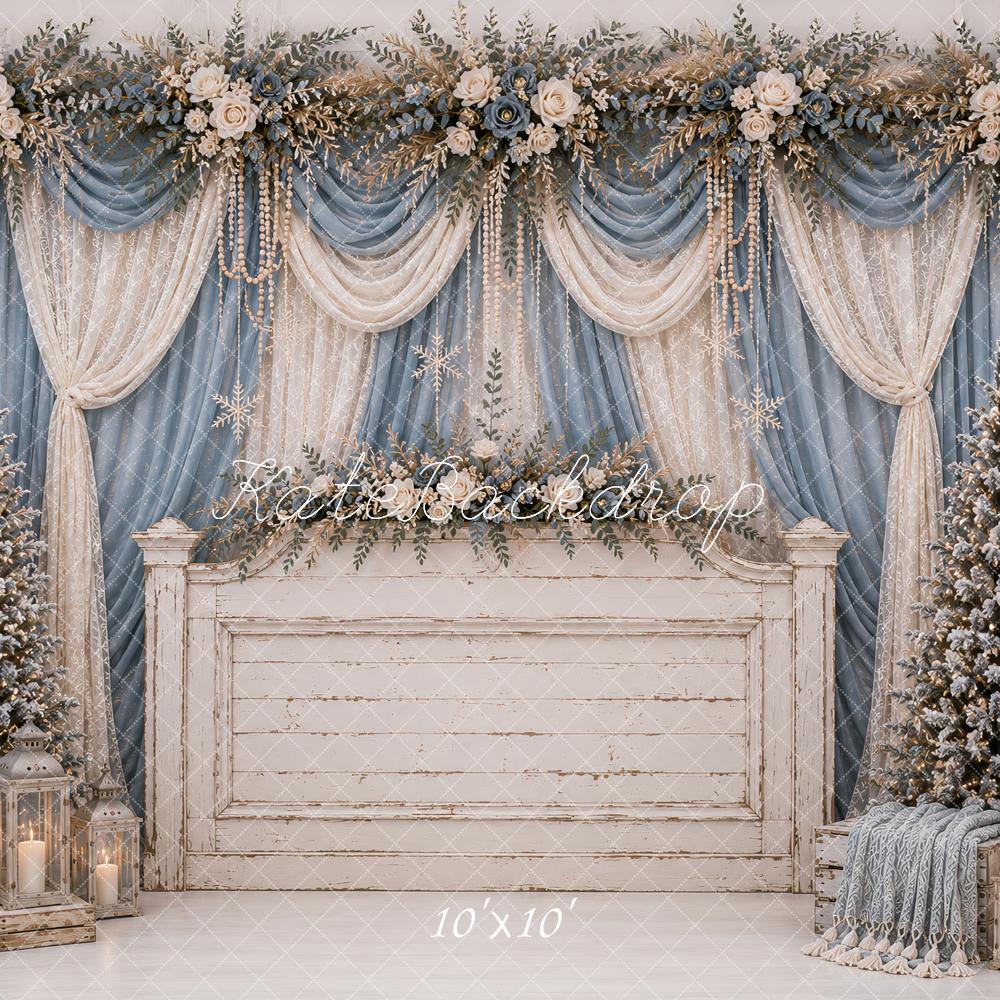 Kate Christmas Headboard Blue Drapes Snowy Christmas Trees Floral Printed Backdrop Designed by Ashley Paul