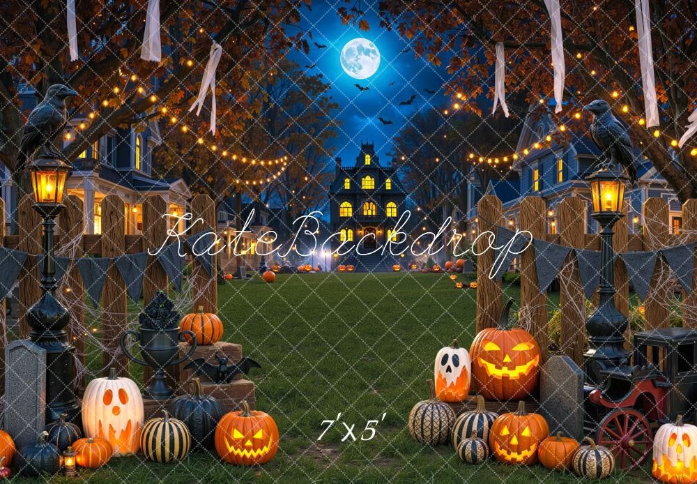 Kate Halloween Night Haunted House Pumpkins Moonlight Printed Backdrop Designed by Mini MakeBelieve