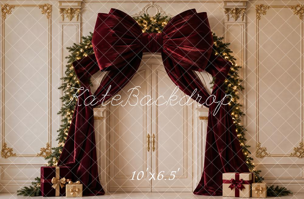 Kate Christmas Burgundy Velvet Bow Garland Arch Printed Backdrop Designed by Vertigo Productions