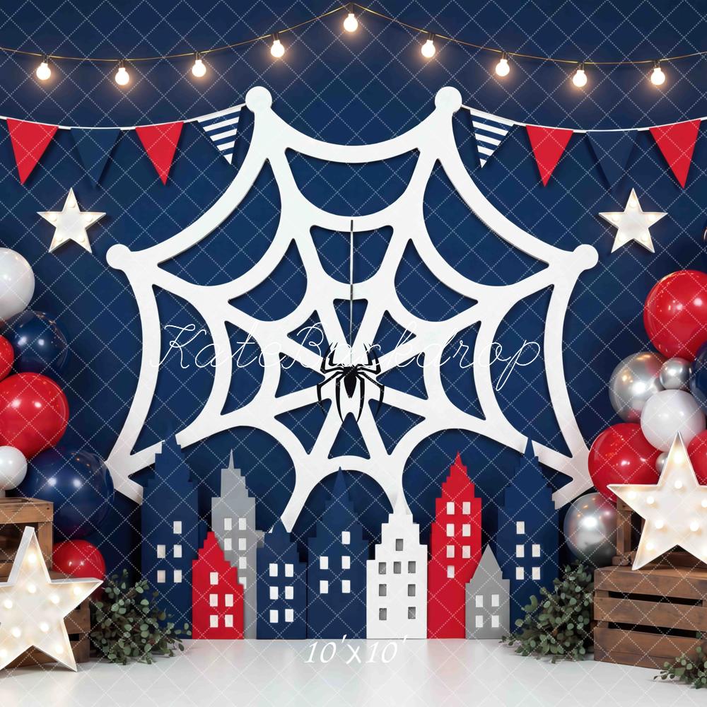 Kate Superhero Spider Web Cityscape Balloons Stars Bunting Printed Backdrop Designed by Mini MakeBelieve