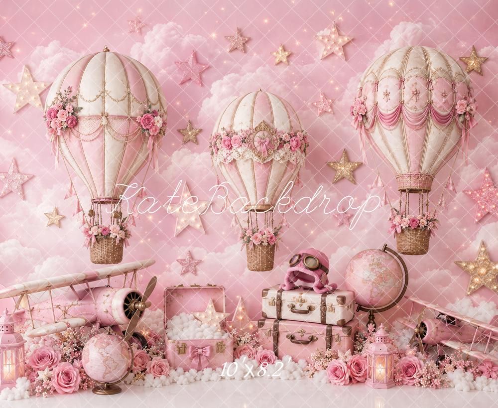 Kate Cake Smash Pink Hot Air Balloons Airplane Travel Printed Backdrop Designed by Ashley Paul