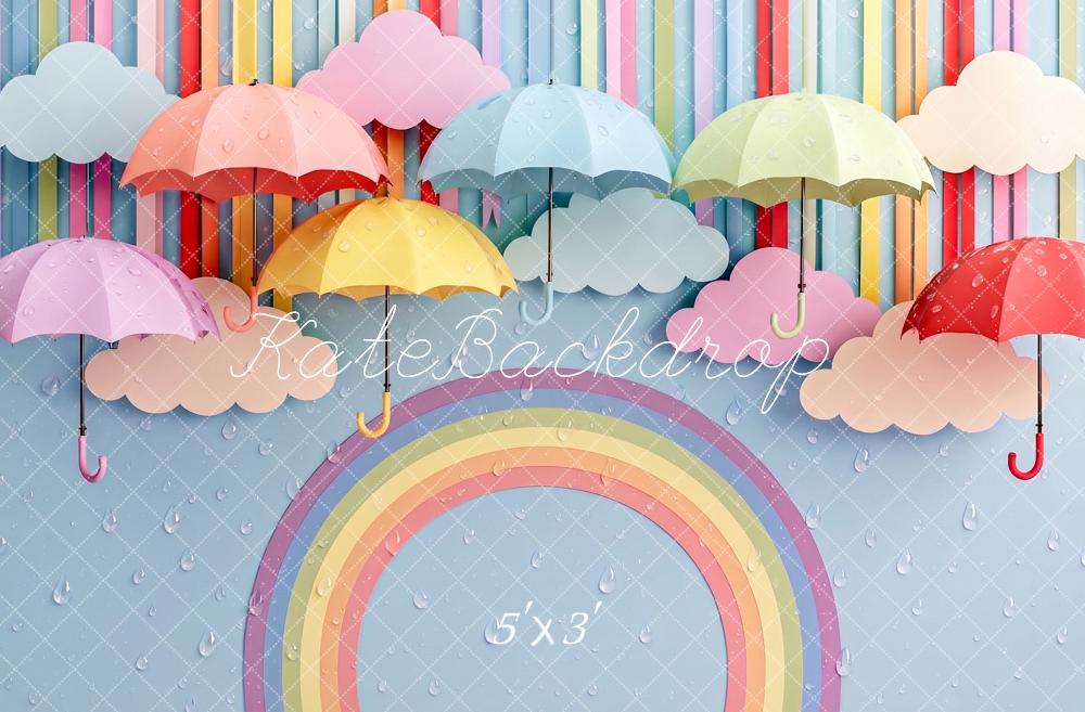 Kate Rainbow Umbrellas Clouds Raindrops Light Blue Printed Backdrop Designed by Angela Miller