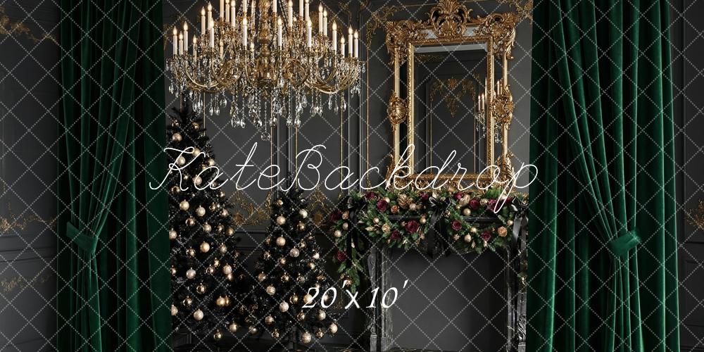 Kate Christmas Trees Luxury Gold Chandelier Garland Mirror Green Curtains Printed Backdrop Designed by Happy Squirrel Design