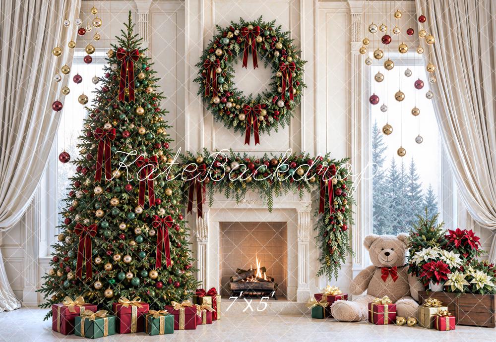 Kate Christmas Tree Wreath Fireplace Ornaments Printed Backdrop Designed by Mini MakeBelieve