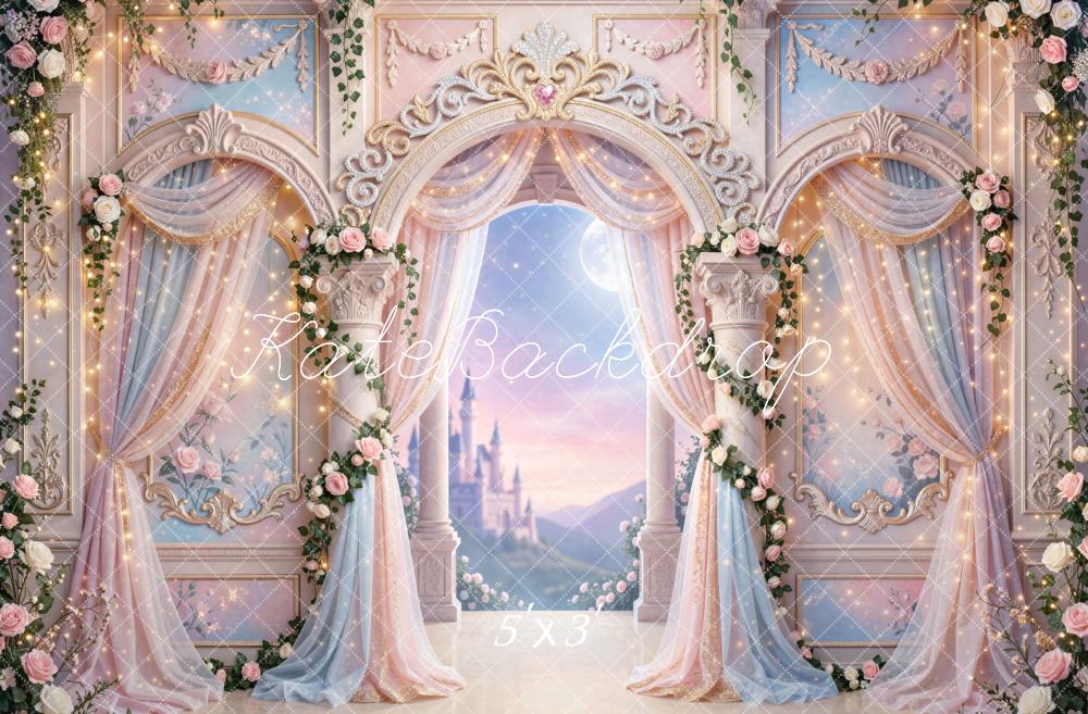 Kate Fairy Fantasy Pink Castle Rose Arch Printed Backdrop Designed by Mini MakeBelieve