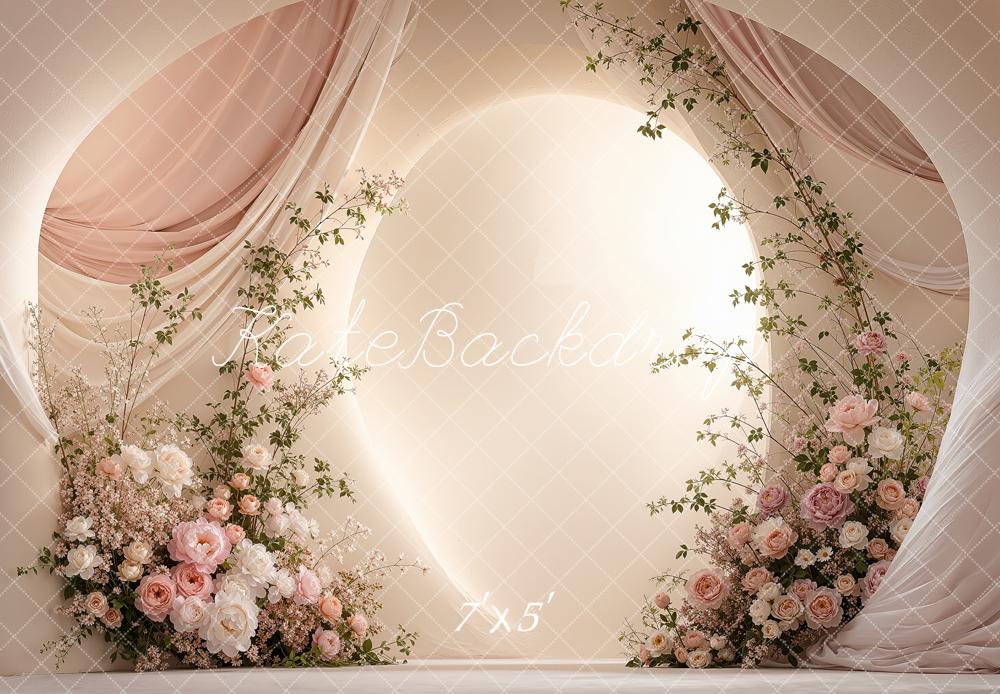 Kate Wedding Pink Flower Arch Draped Curtains Printed Backdrop Designed by Shutter Swan Studios