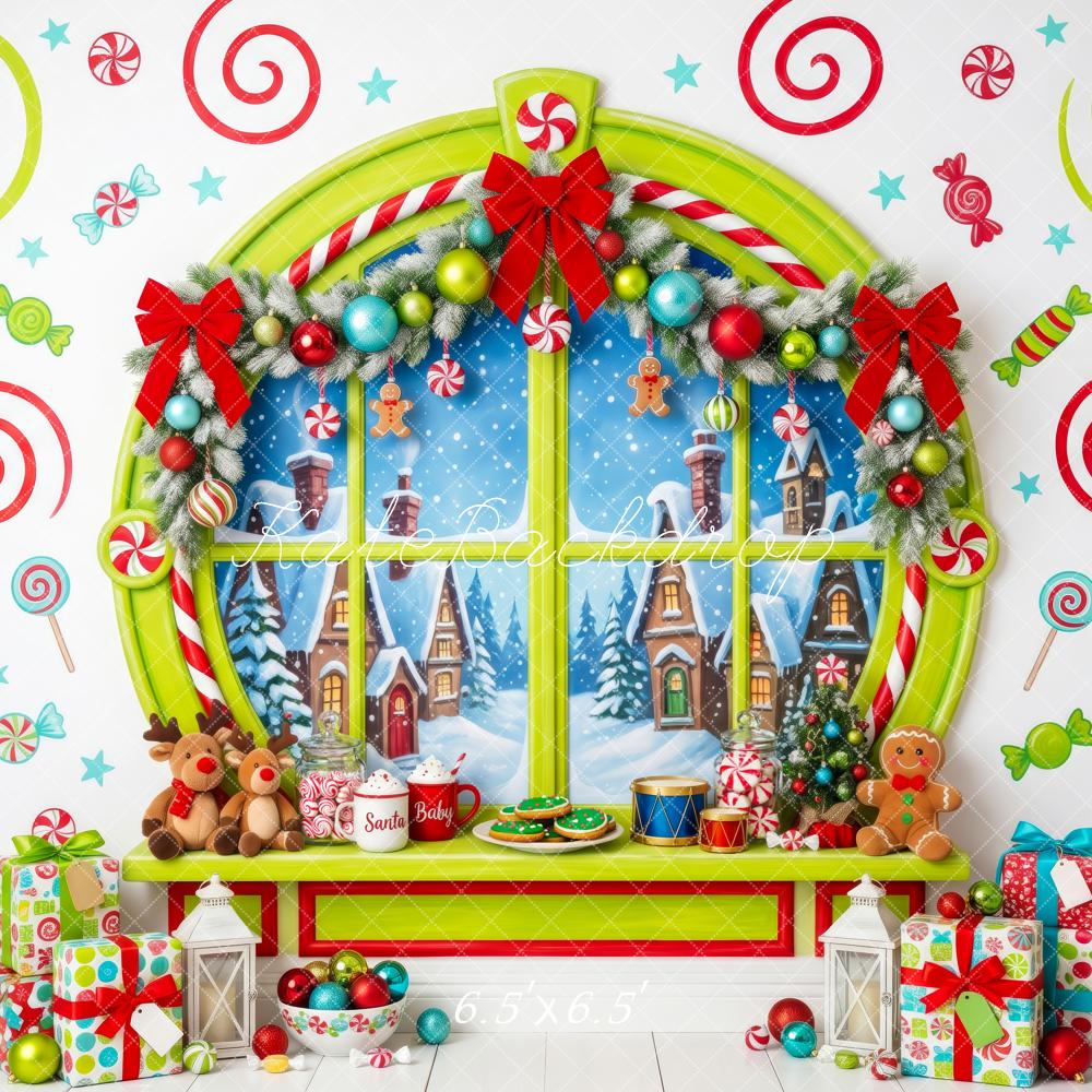 Kate Christmas Whimstical Candy Window Village Printed Backdrop Designed by Patty Roberts