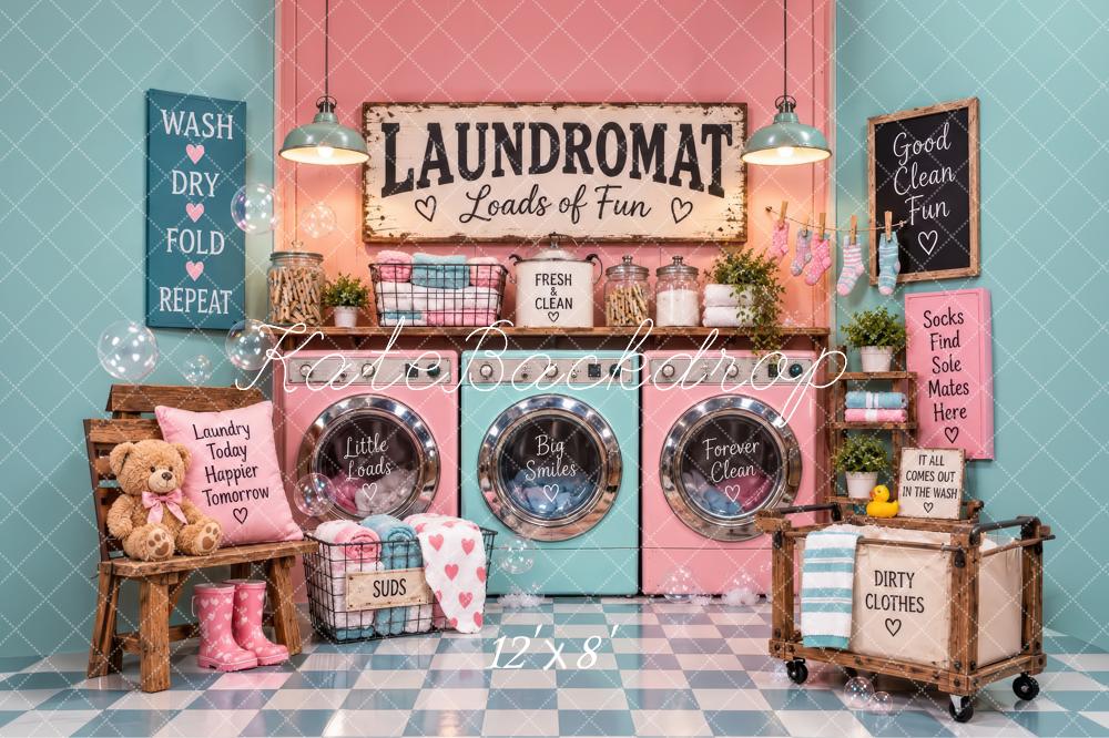 Kate Retro Pink Laundromat Washing Machines Printed Backdrop Designed by Laura Bybee