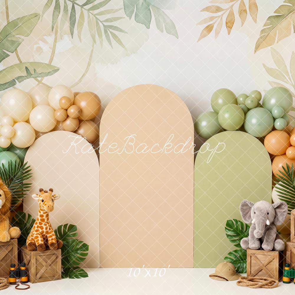 Kate Cake Smash Jungle Safari Animals Leaves Balloons Crates Printed Backdrop Designed by Patty Roberts