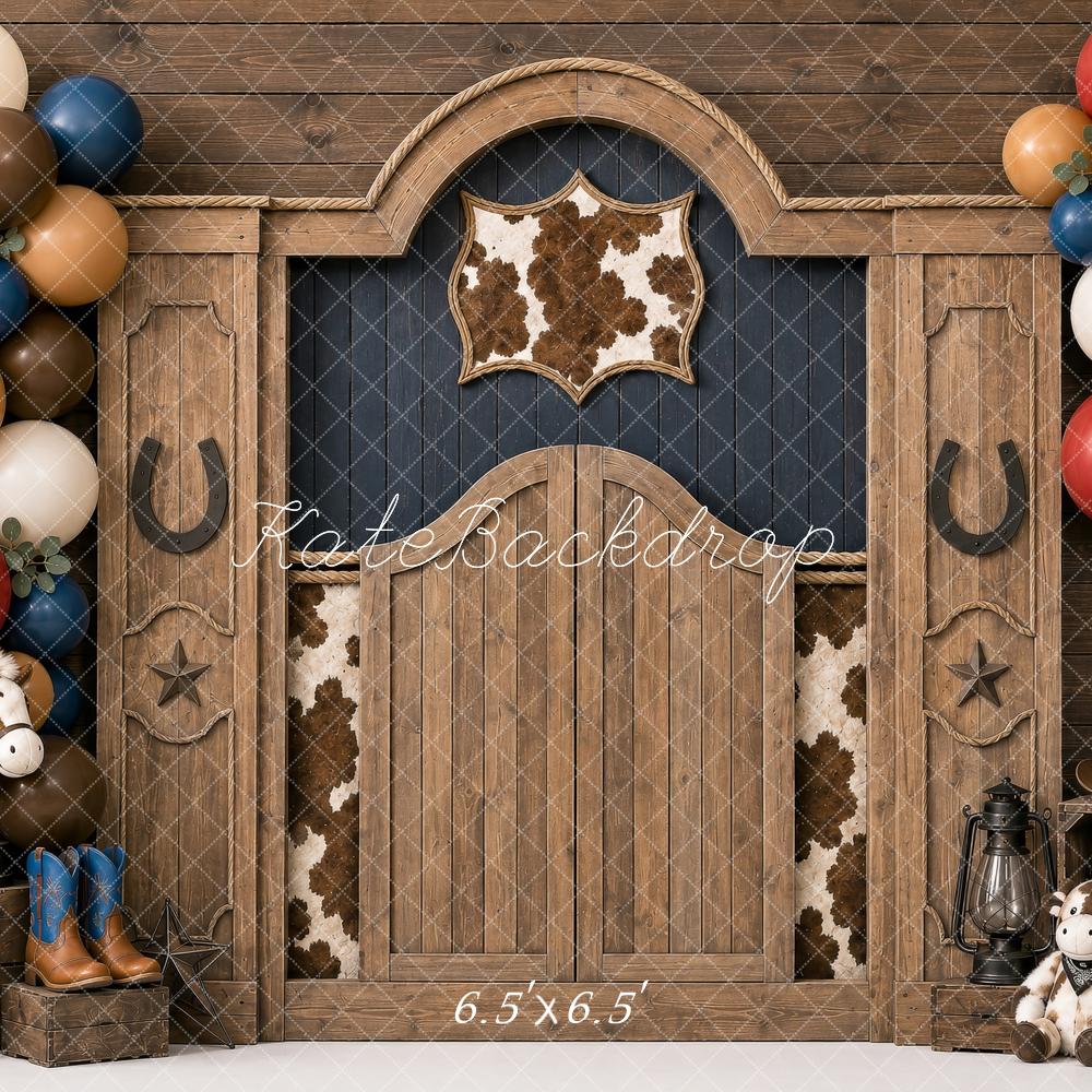Kate Birthday Western Cowboy Barn Door Balloon Garland Cowhide Printed Backdrop Designed by Shutter Swan Studios