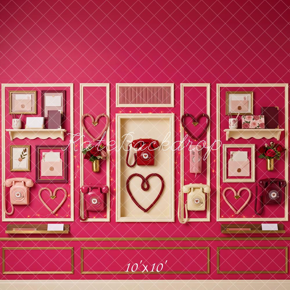 Kate Valentine's Day Pink Vintage Telephone Hearts Wall Printed Backdrop Designed by Patty Roberts
