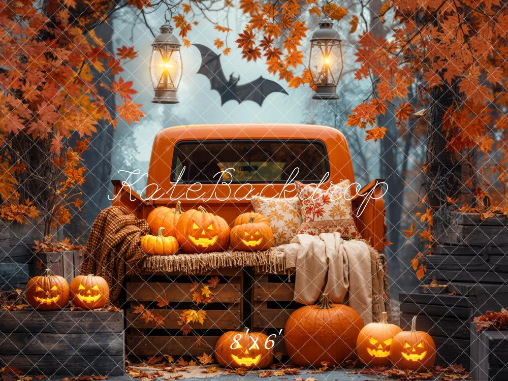 Kate Halloween Truck Pumpkins Maple Leaves Forest Bat Backdrop Designed by Emetselch