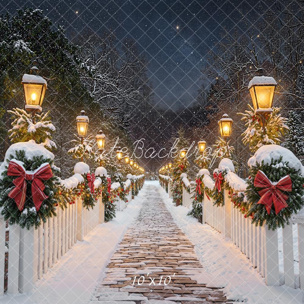 Kate Christmas Winter Path Snowy Bridge Garland Lanterns Backdrop Designed by Emetselch