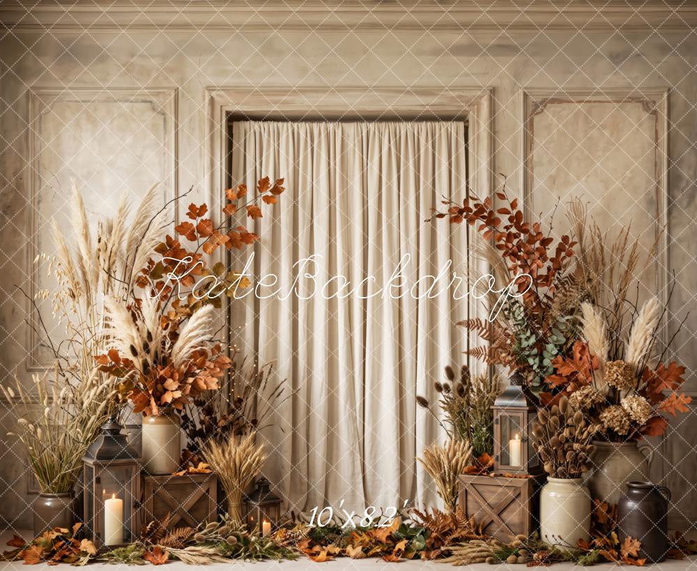 Kate Fall Floral Cozy Draped Curtain Vintage Beige Printed Backdrop Designed by Patty Roberts
