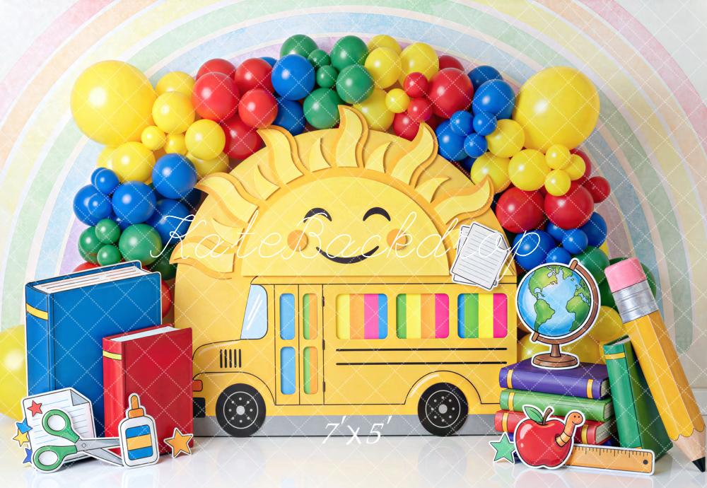 Kate Back To School School Bus Sun Rainbow Printed Backdrop Designed by Mini MakeBelieve