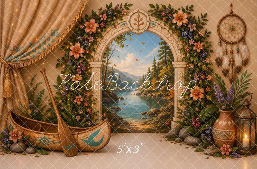 Kate Tropical Canoe Floral Archway Mountain Lake Dreamcatcher Printed Backdrop Designed by Caitlin Lynch