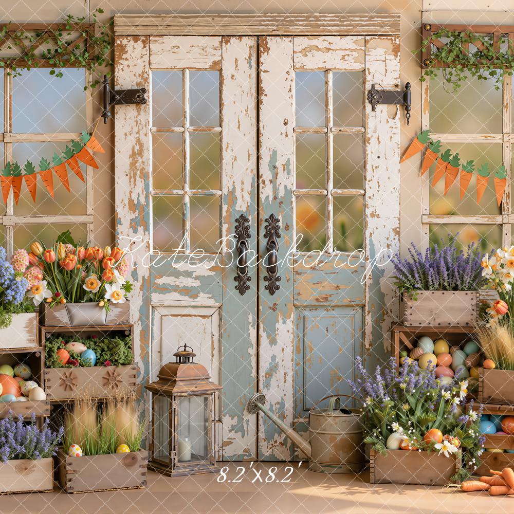 Kate Easter Rustic Wood Door Flowers Bunny Carrots Printed Backdrop Designed by Emetselch