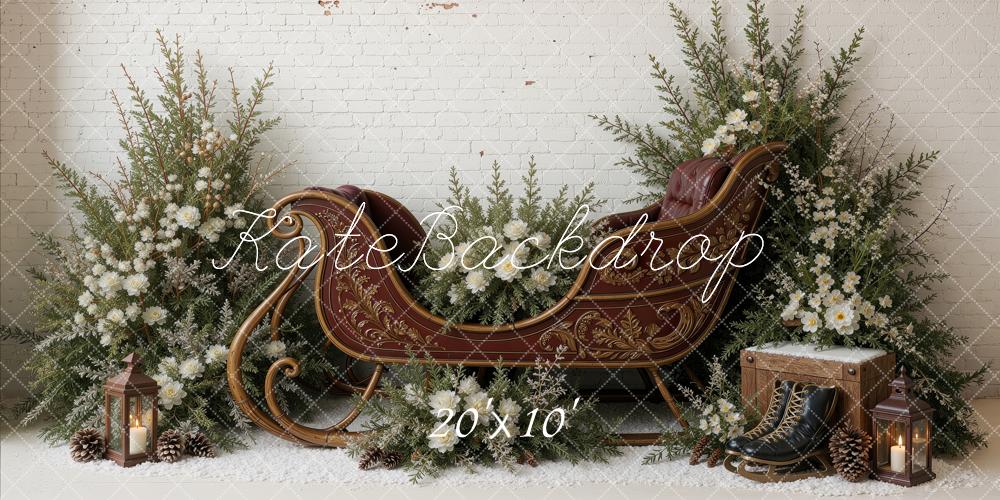 Kate Christmas Sleigh White Flowers Pine Greenery Brick Wall Printed Backdrop Designed by Ashley Ward