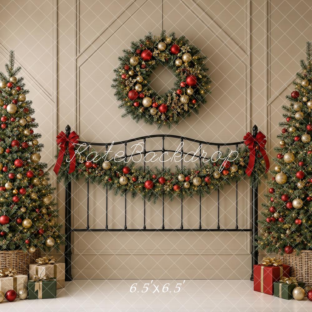 Kate Christmas Headboard Trees Wreath Garland Beige Wall Printed Backdrop Designed by Shutter Swan Studios