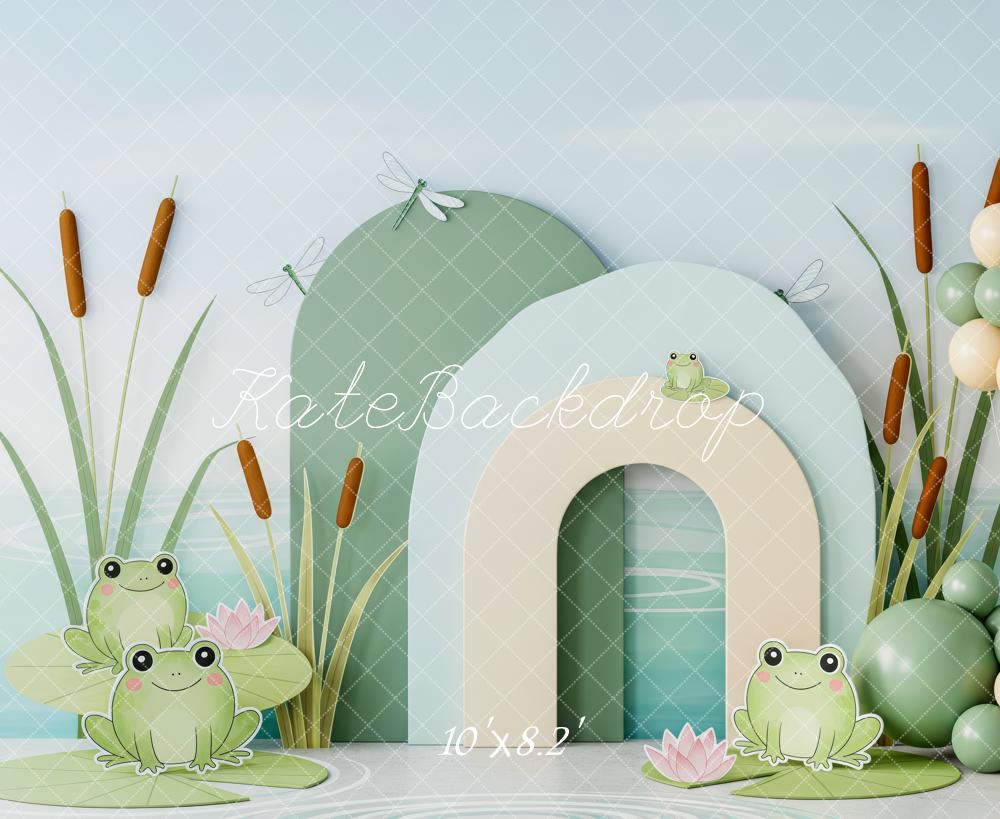 Kate Cake Smash Frog Pond Cattails Balloons Printed Backdrop Designed by Patty Roberts