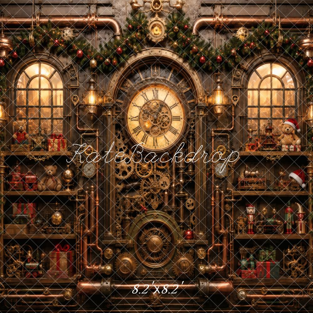 Kate Christmas Steampunk Clockwork Workshop Window Shelves Printed Backdrop Designed by Vertigo Productions