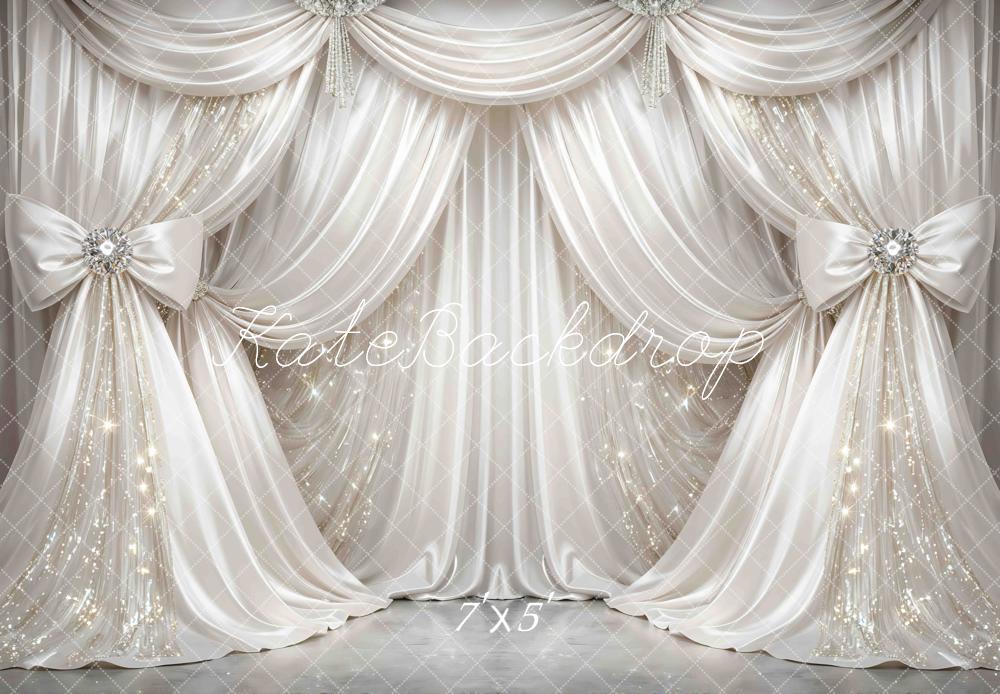 Kate Glamorous White Draped Curtains Bows Sparkle Printed Backdrop Designed by Mini MakeBelieve