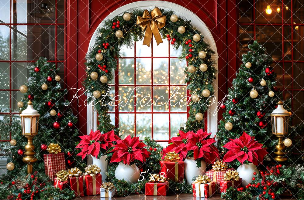 Kate Christmas Red Arch Window Garland Poinsettia Trees Backdrop Designed by Mini MakeBelieve
