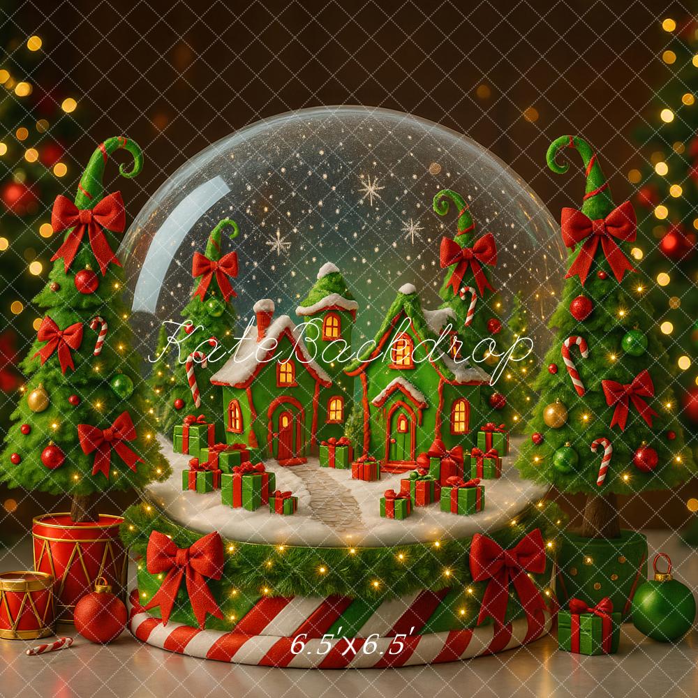 Kate Christmas Snow Globe Gingerbread House Green Red Trees Gifts Backdrop Designed by Ashley Paul