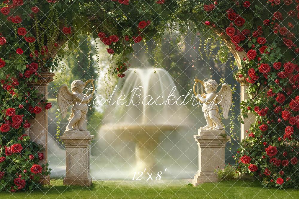 Kate Spring Red Rose Arch Angel Statues Fountain Garden Backdrop Designed by Emetselch
