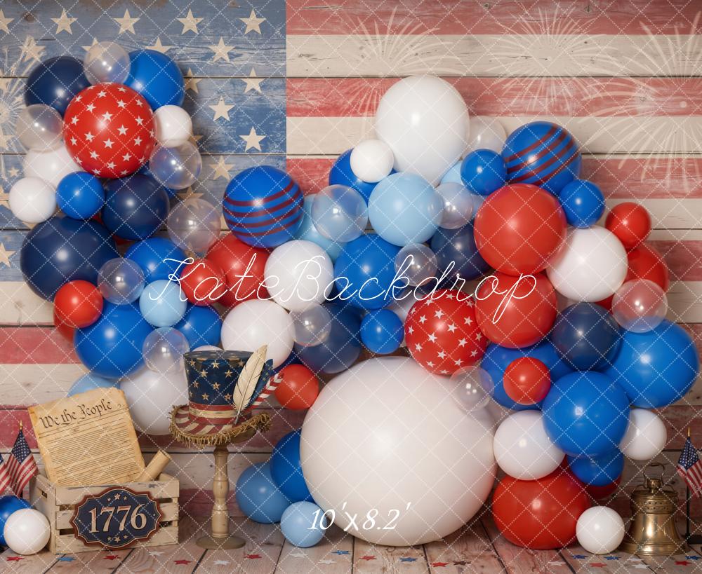 Kate 4th of July Patriotic Balloons American Flag Fireworks Wood Floor Printed Backdrop Designed by Emetselch