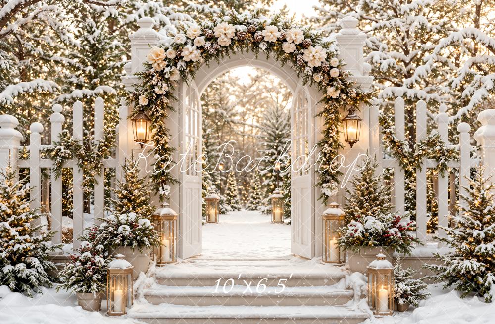 Kate Christmas Winter Flower Arch Gate Snowy Stairs Garden Fence Printed Backdrop Designed by Emetselch
