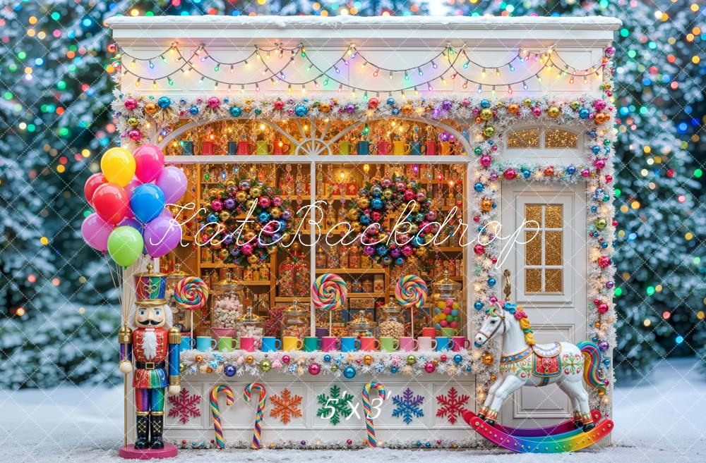 Kate Christmas Candy Shop Nutcracker Colorful Snowy Printed Backdrop Designed by Mini MakeBelieve