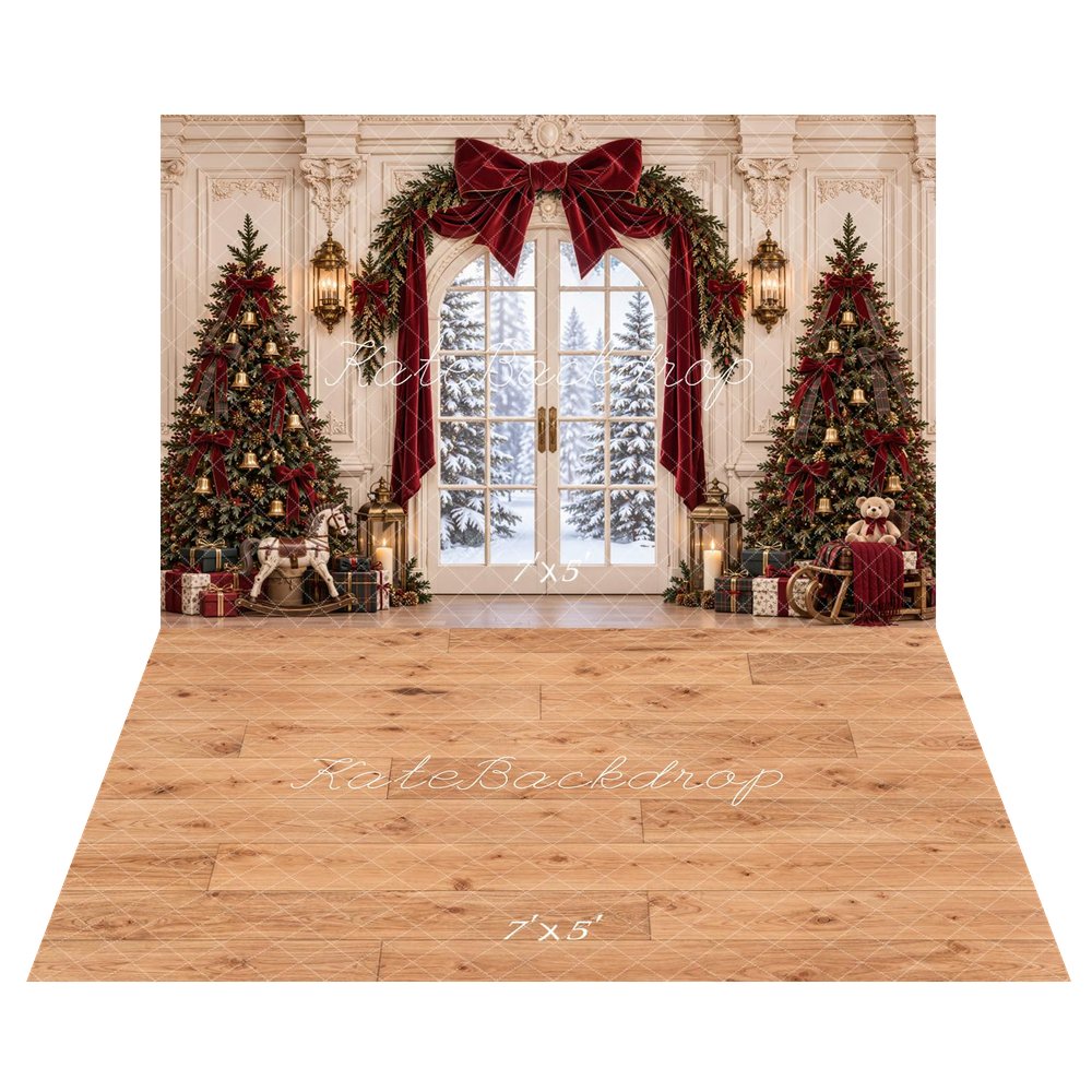 Kate Christmas Snowy Window Garland Christmas Trees Printed Backdrop+Light Brown Wood Plank Floor Backdrop Printed Backdrop