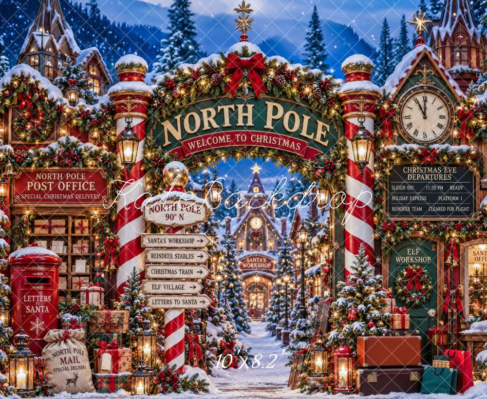 Kate Christmas North Pole Entrance Archway Snowy Workshop Printed Backdrop Designed by Patty Roberts