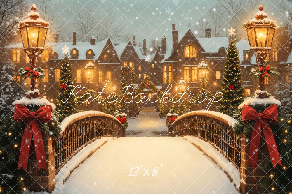 Fondo del pueblo de faroles del puente nevado de Navidad Designed by Emetselch