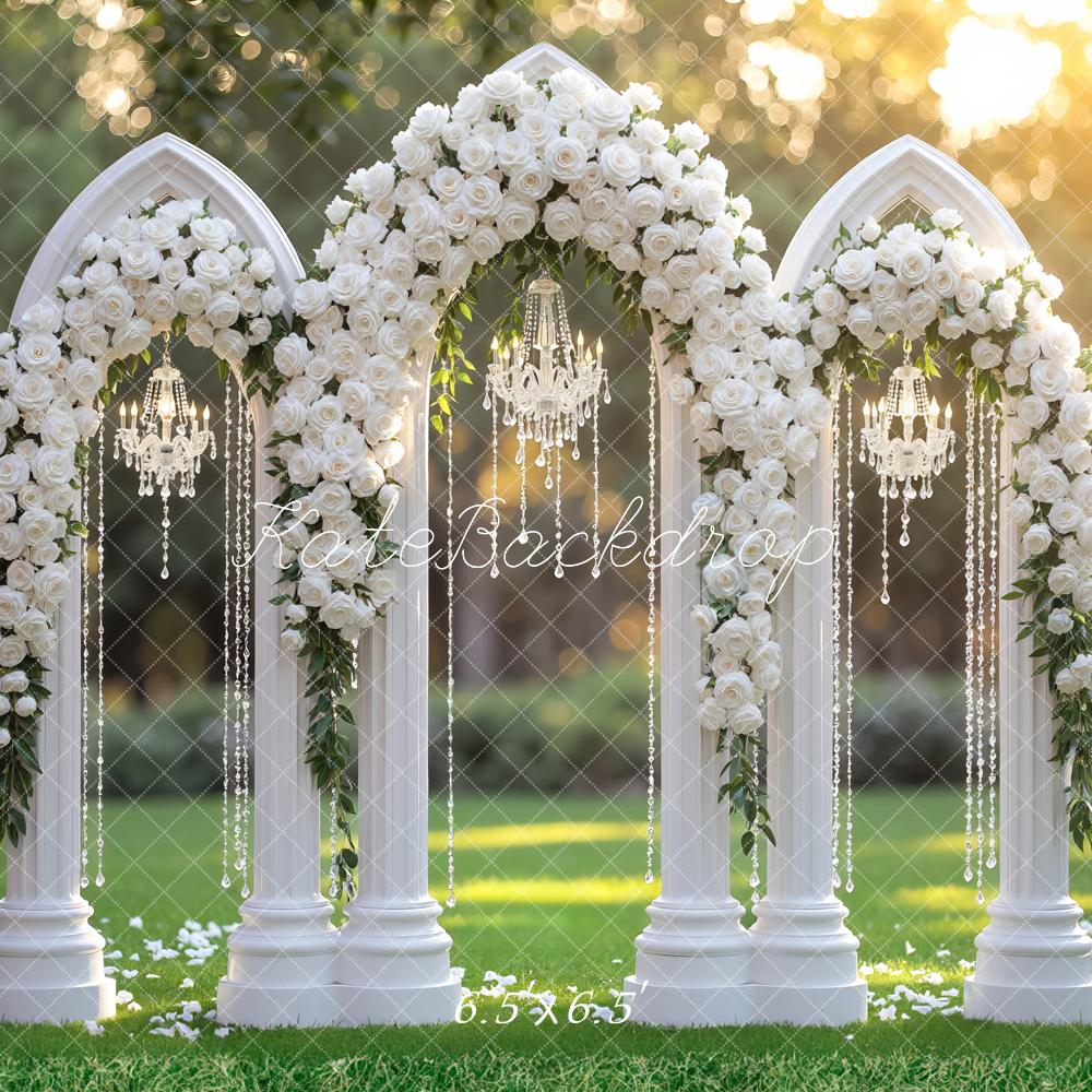 Kate Spring Flower Arch White Roses Chandelier Columns Backdrop Designed by Mini MakeBelieve