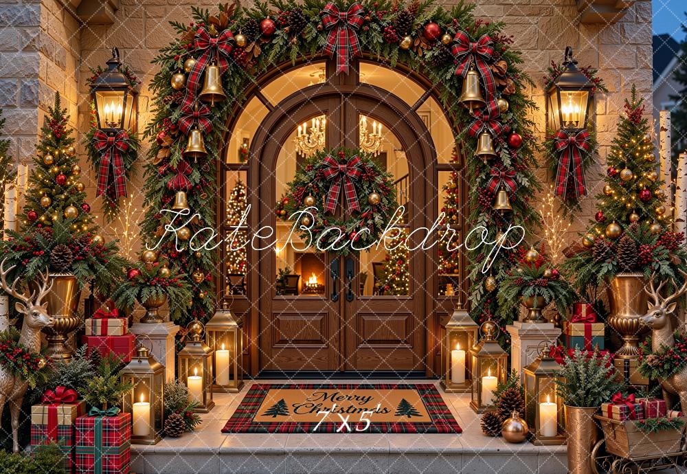 Kate Christmas Arched Doorway Garland Lanterns Brown Printed Backdrop Designed by Shutter Swan Studios
