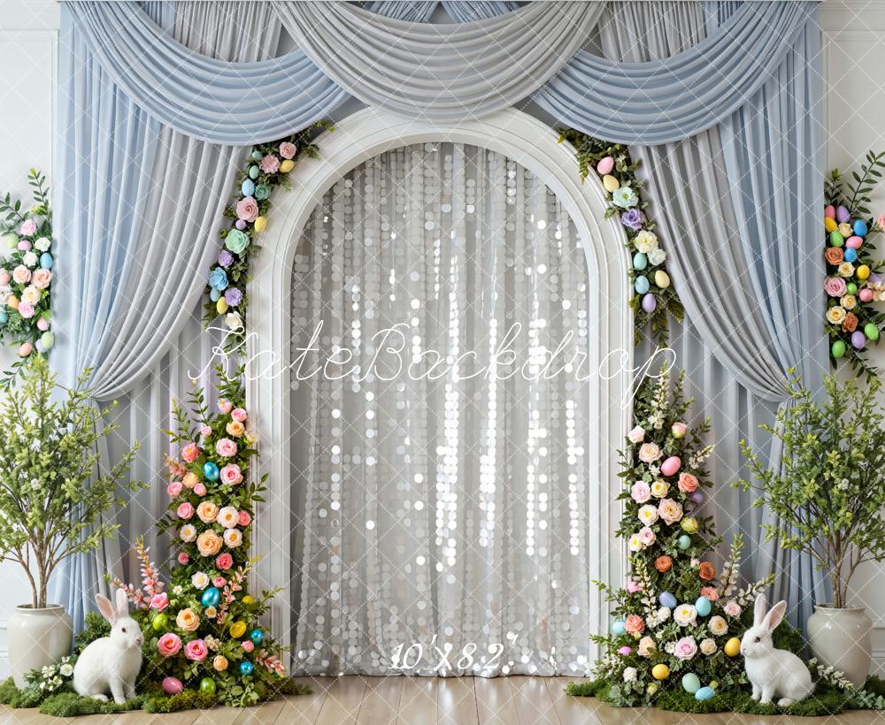 Kate Easter Bunny Floral Arch Blue Curtains Backdrop Designed by Mini MakeBelieve
