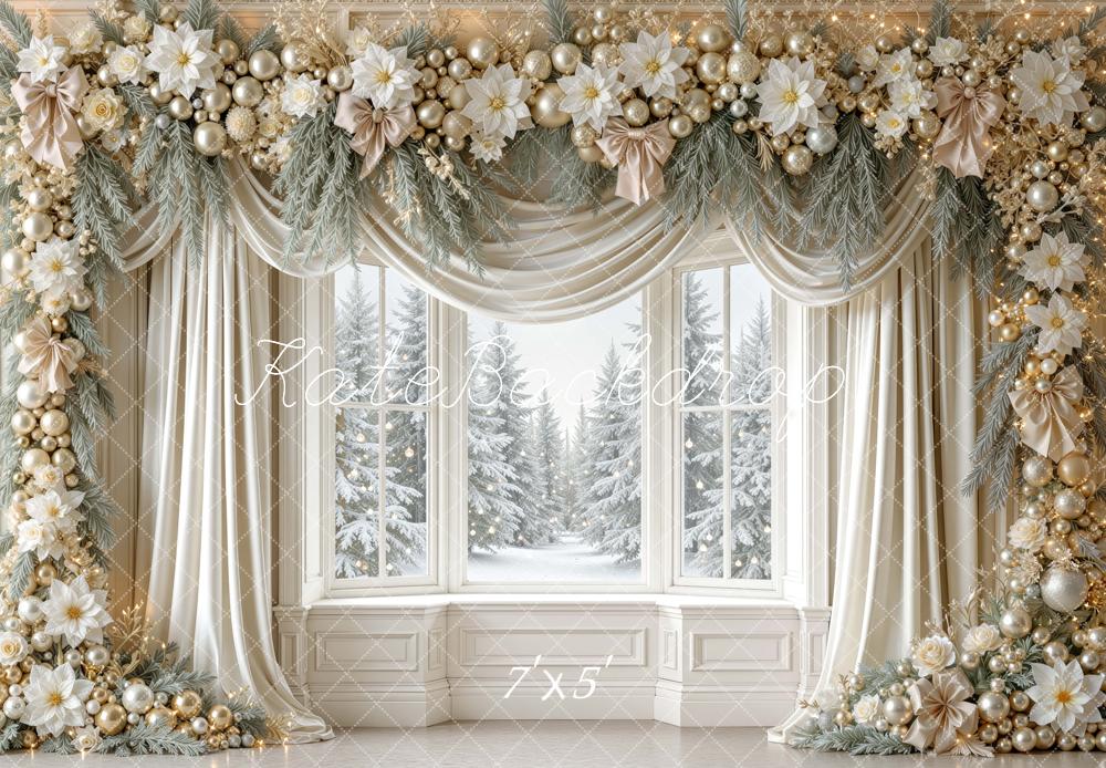 Kate Christmas Gold Floral Garland Drapes Window Snowy Printed Backdrop Designed by Mini MakeBelieve