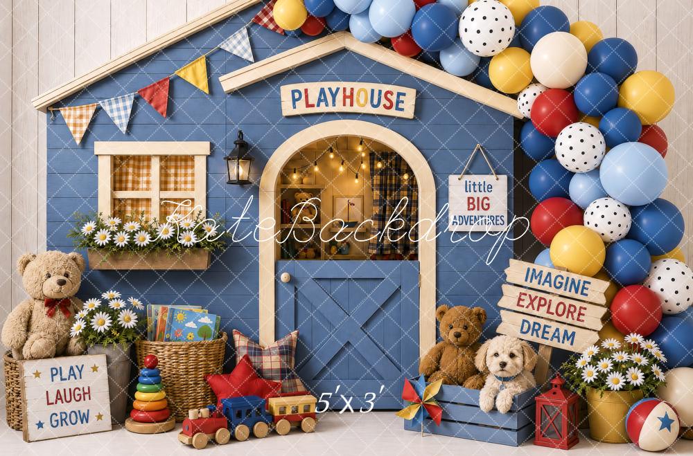 Kate Cake Smash Playhouse Blue Balloons Teddy Bears Toys Printed Backdrop Designed by Shutter Swan Studios