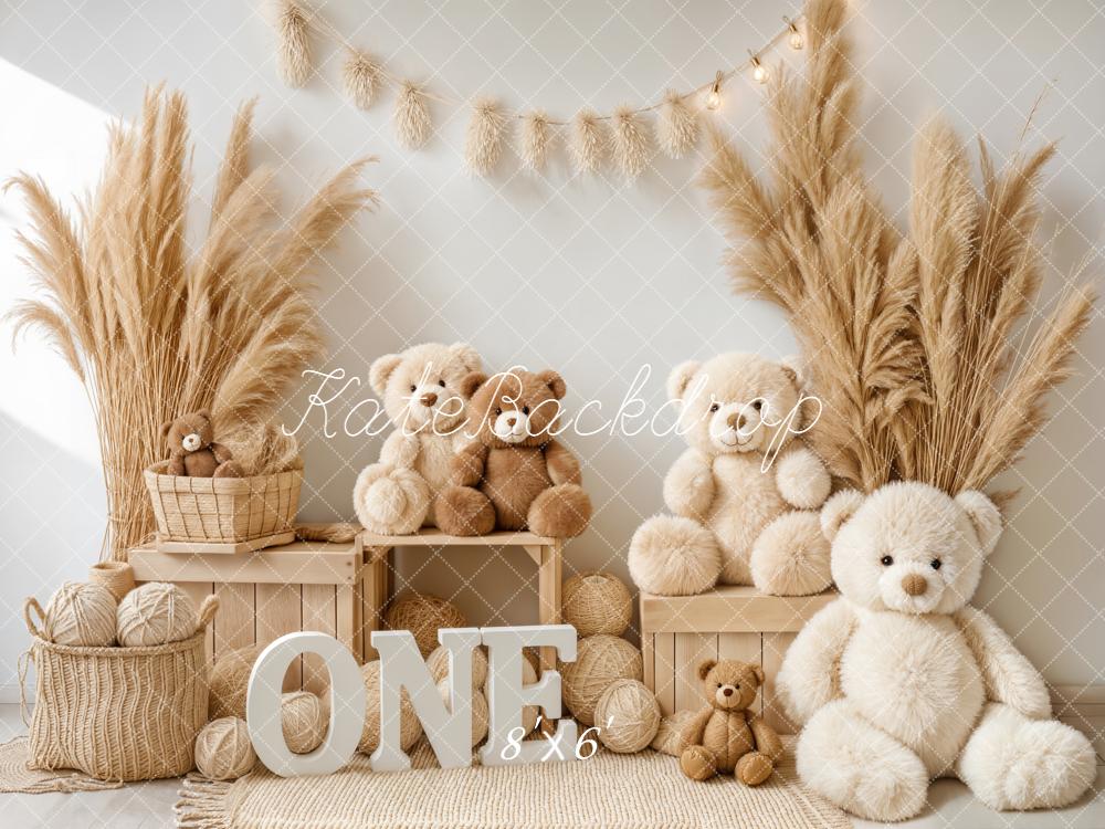 Kate Boho Teddy Bears Pampas Grass Wooden Backdrop Designed by Emetselch