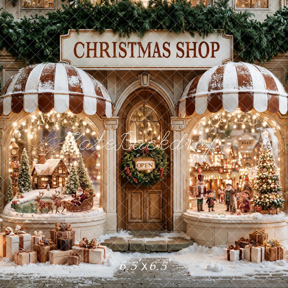 Kate Christmas Shop Santa Sleigh Village Christmas Tree Snow Printed Backdrop Designed by Emetselch