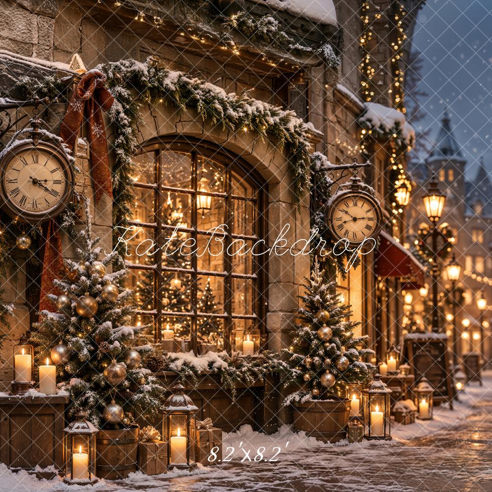 Kate Christmas Snowy Village Street Vintage Clock Printed Backdrop Designed by Emetselch