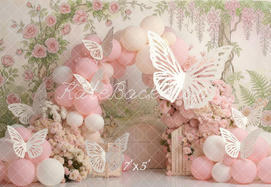 Kate Cake Smash Flower Arch Pink Balloons Roses Butterflies Printed Backdrop Designed by Emetselch