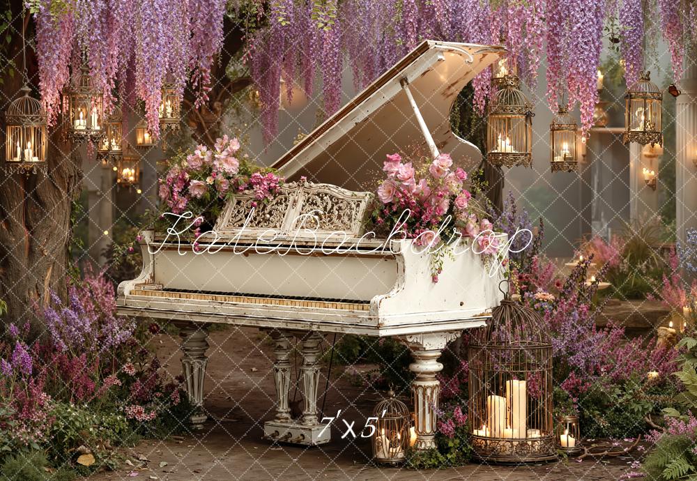 Kate Floral White Piano With Hanging Lanterns And Wisteria Backdrop Designed by Emetselch