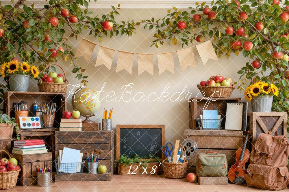 Kate Back To School Apple Classroom Chalkboard Sunflowers Printed Backdrop Designed by Mini MakeBelieve