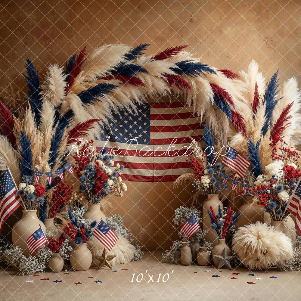 Kate Patriotic Boho Pampas Flower Arch American Flag Printed Backdrop Designed by Emetselch