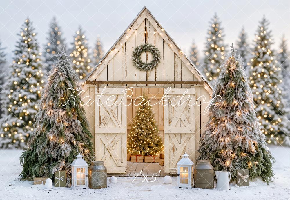 Kate Christmas Rustic White Barn Snowy Forest Lanterns Printed Backdrop Designed by Emetselch