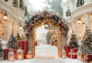 Arco de flores navideñas calle nevada faroles de regalo fondo